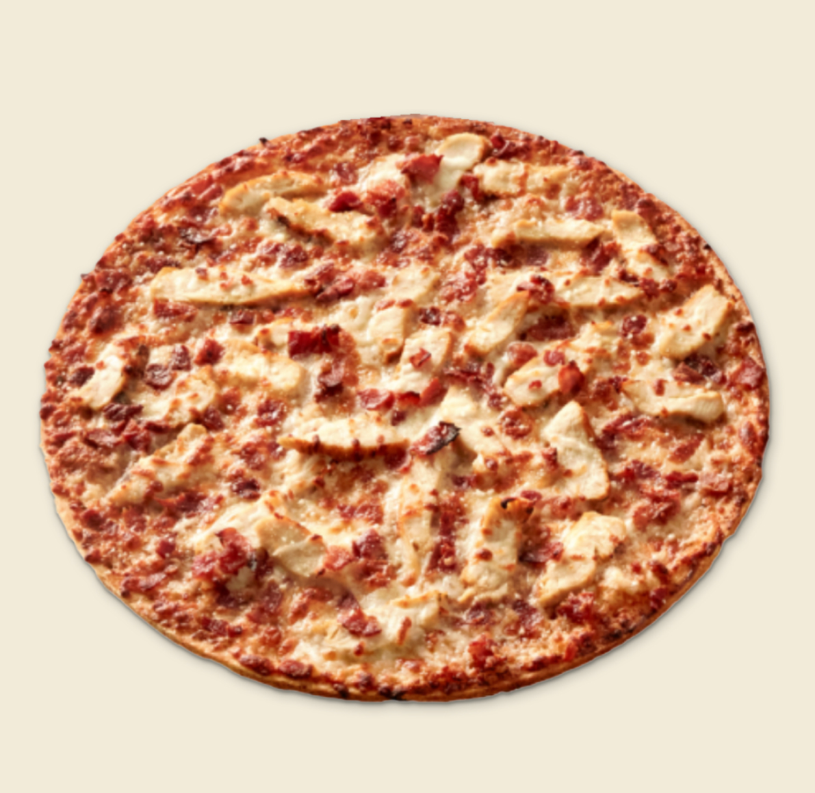 A freshly baked Asiago Chicken Pizza topped with grilled chicken, crumbled bacon, and melted Asiago cheese on a thin crust.