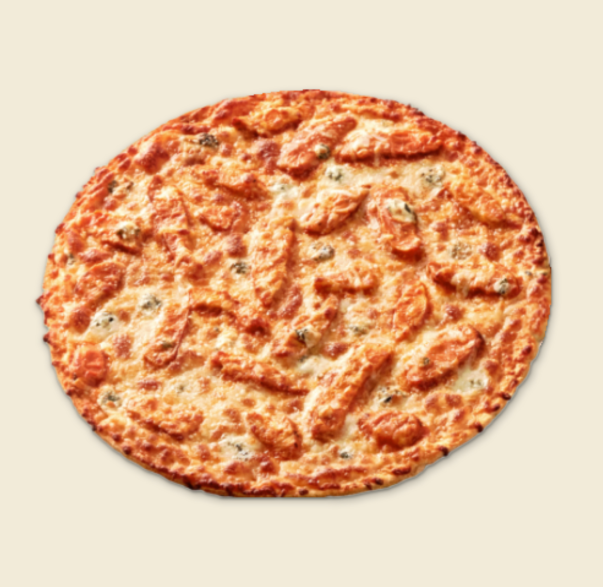 A freshly baked Buffalo Chicken Pizza topped with buffalo chicken, melted cheese, and a tangy buffalo sauce base.