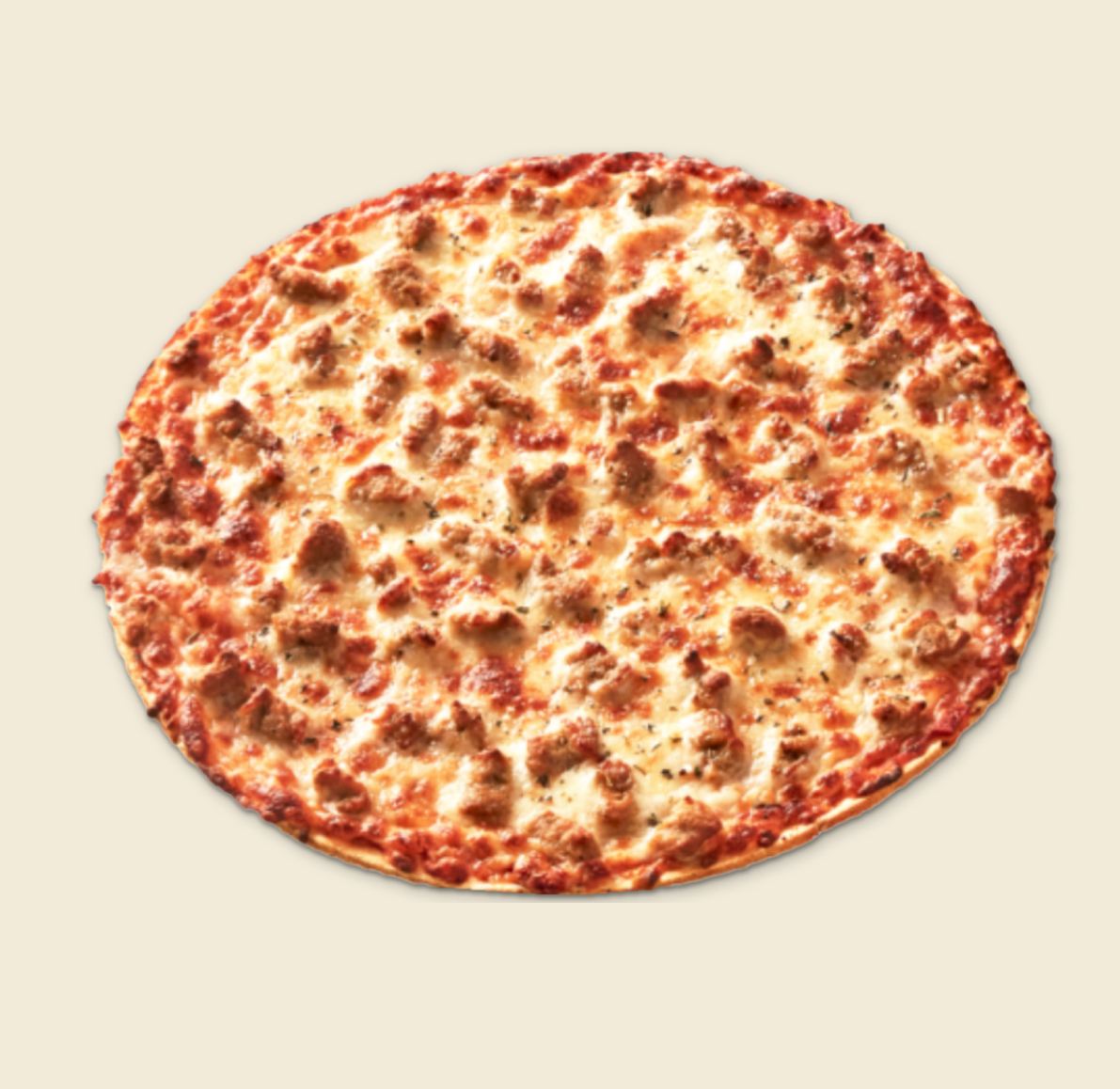 A freshly baked Italian Sausage Pizza featuring savory sausage crumbles and melted cheese on a golden thin crust.