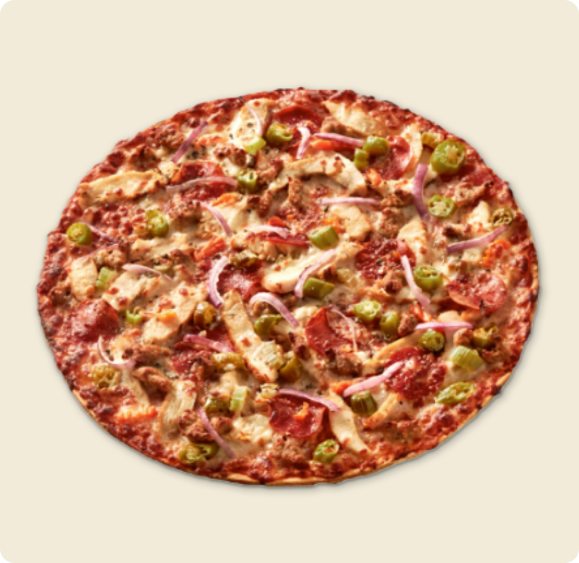 A round pizza topped with pepperoni, sausage, chicken, red onions, jalapeños, and melted cheese on a crispy crust.