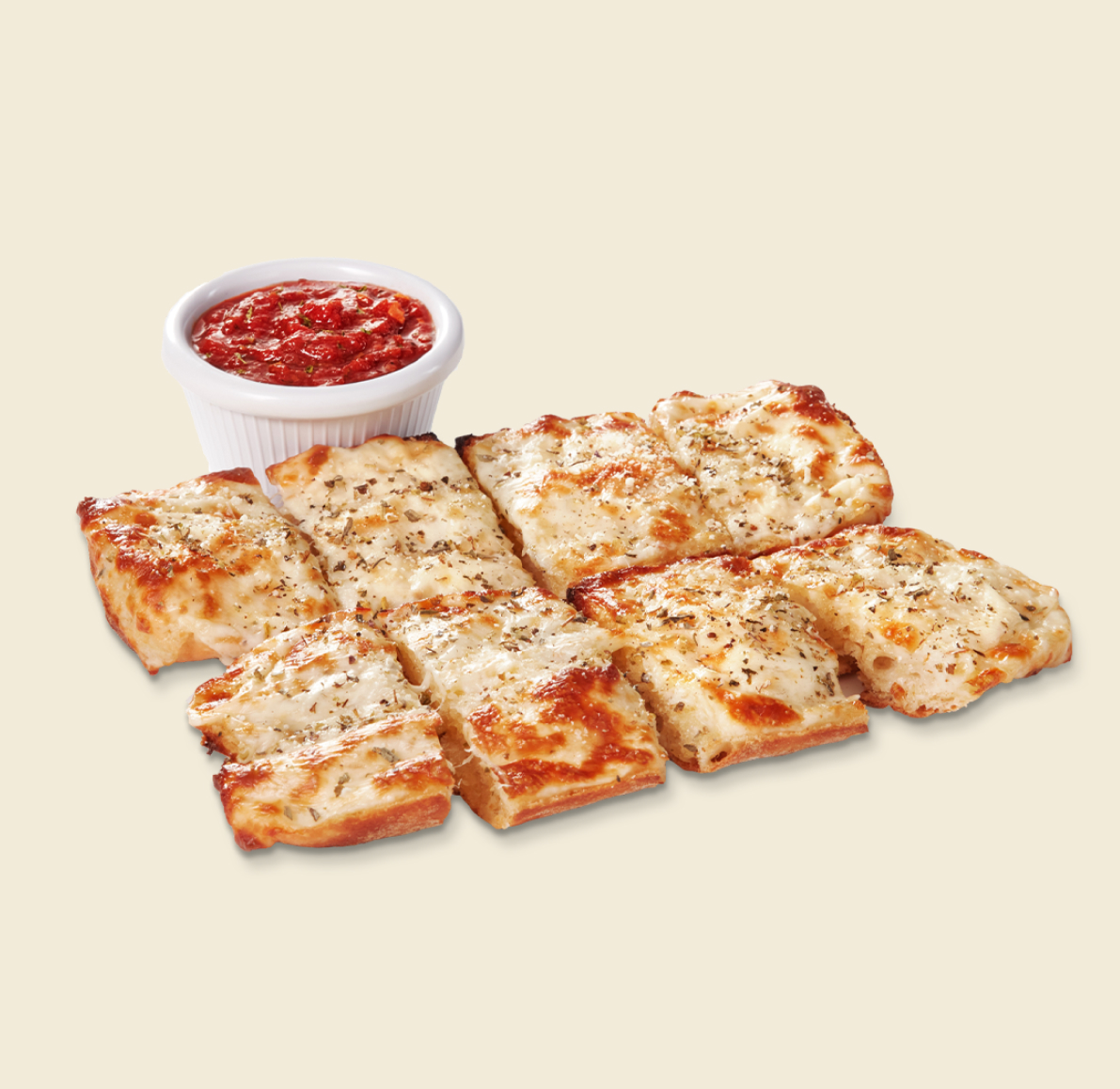 Slices of cheesy garlic bread topped with herbs, served with a ramekin of marinara sauce on a light background.