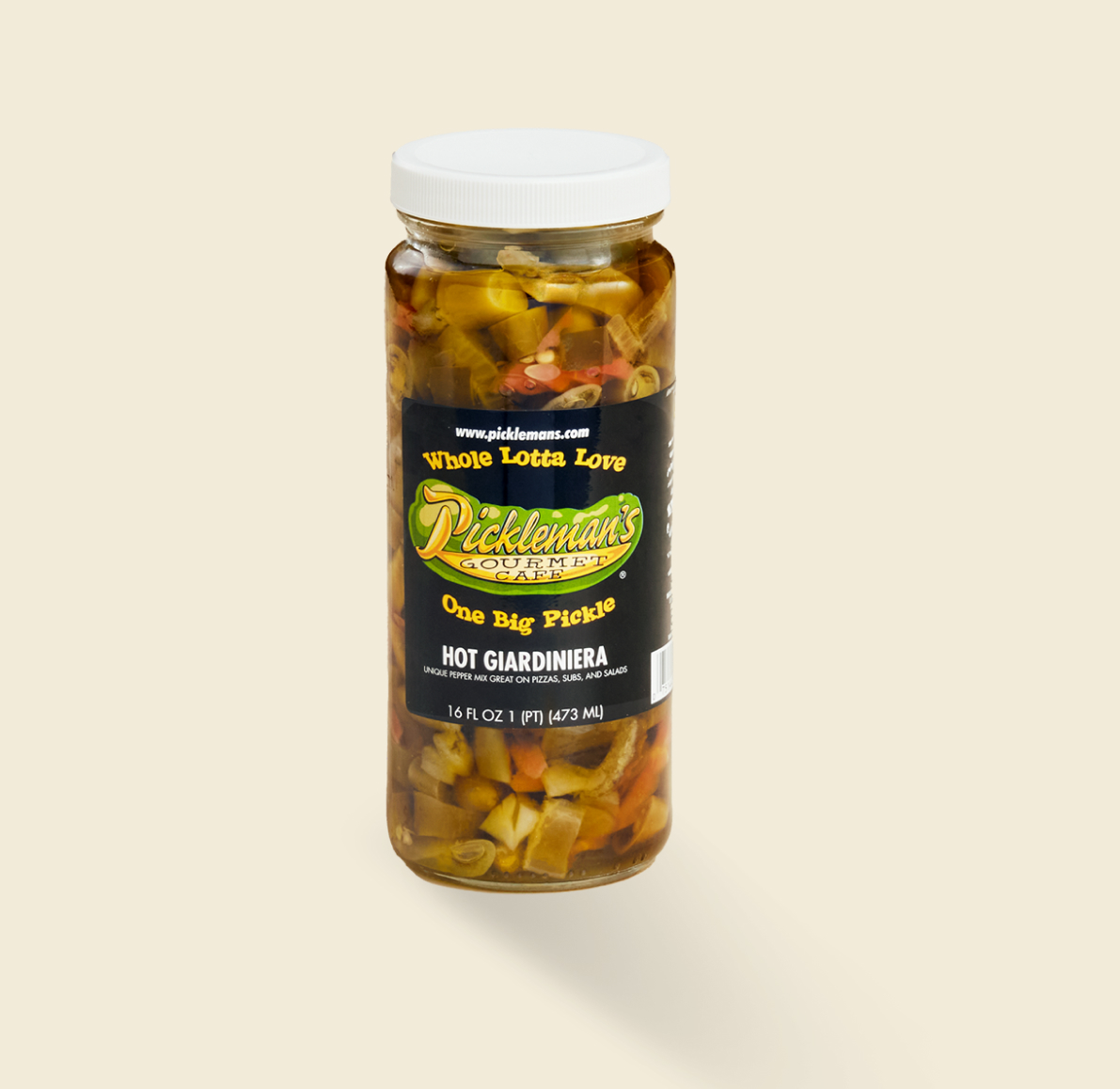 A jar of Pickleman’s Hot Giardiniera with colorful pickled vegetables and a black label.